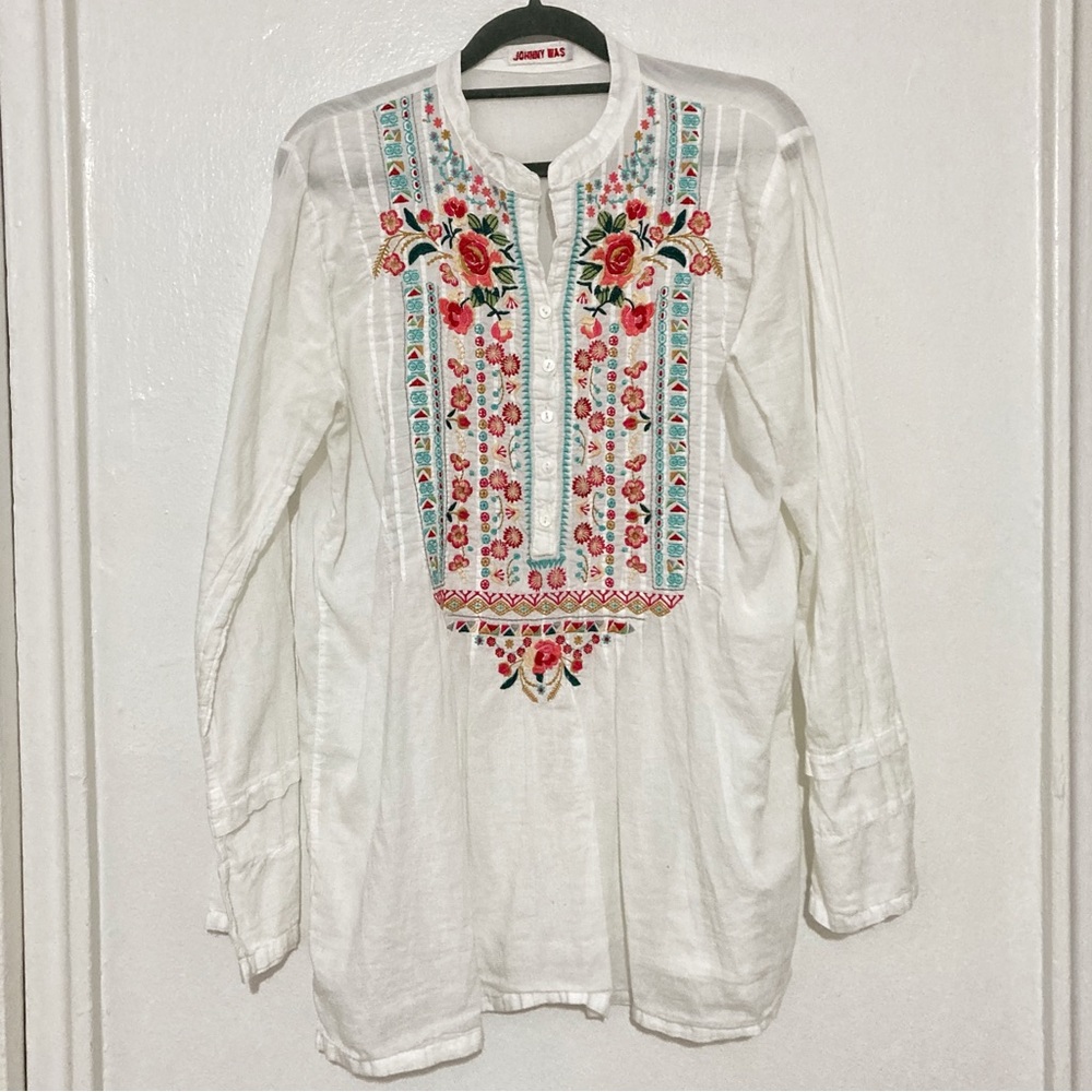 Johnny Was White Floral Embroidered Tunic Blouse Long Sleeves Size S